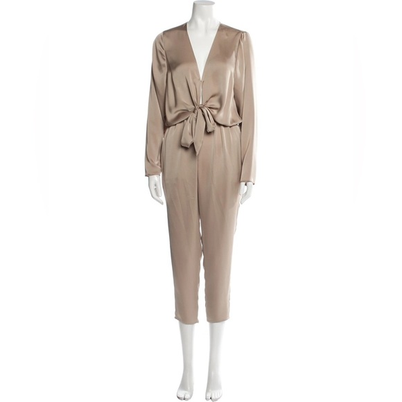 Ramy Brook Alec Front Tie Champagne Beige Satin Charmeuse Plunge Neck Jumpsuit S - Picture 1 of 11